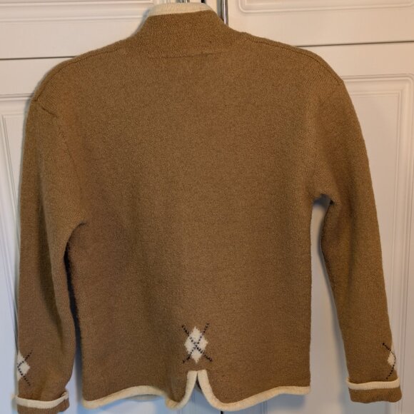RARE Vintage 100% Wool  Camel Tan w/ Cream Trim Argyle Zip Cardigan | Size S/M - Picture 2 of 12